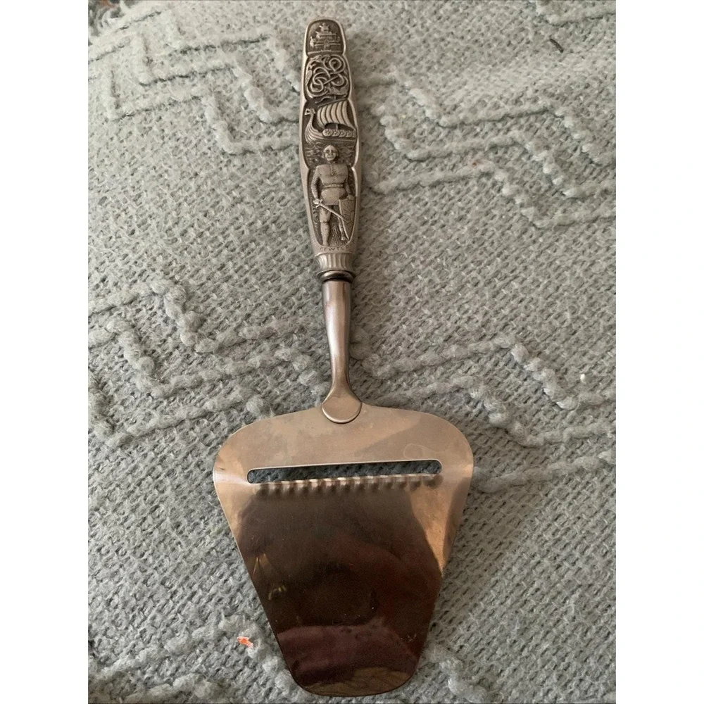 Norwegian Pewter Holy Olav And His Men Cheese Slicer Server Stainless Vintage